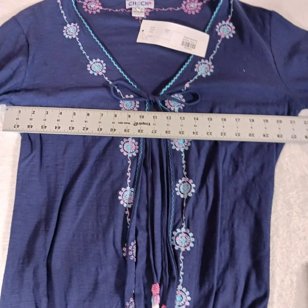 Chach, NWT,  Maxi Kimono, Boho, Navy w/ Pink & Aqua Trim, Whimsical, Small - Picture 10 of 14